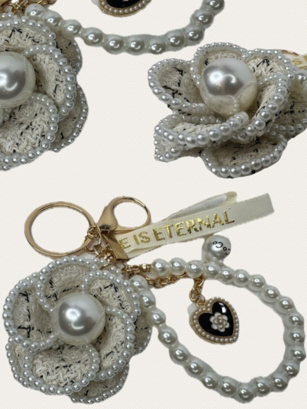 Camellia Beige Tweed Flower Pearl Fob Charm Keychain